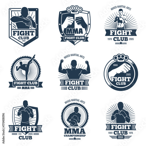 Retro mma vector emblems and labels. Fight club vintage logos