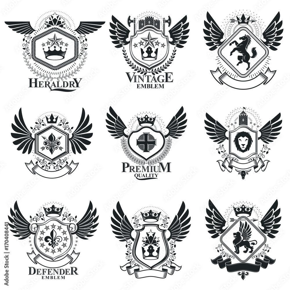 Fototapeta premium Vintage emblems, vector heraldic designs. Coat of Arms collection, vector set.