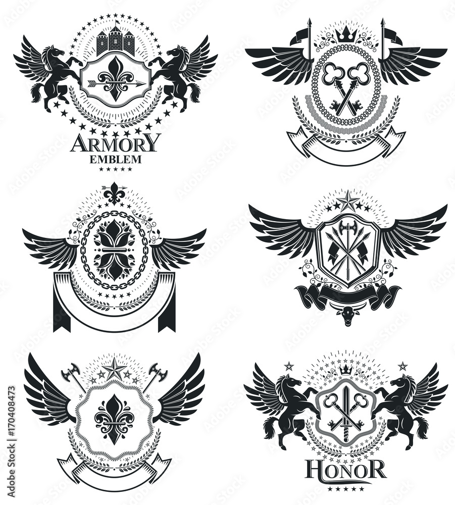 Fototapeta premium Luxury heraldic vectors emblem templates. Vector blazons. Classy high quality symbolic illustrations collection.