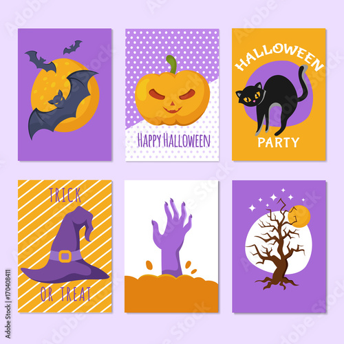 Halloween party posters and invitation cards with cartoon scary signs and characters