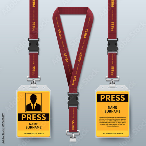 Business press pass id card lanyard badges realistic vector mock up isolated