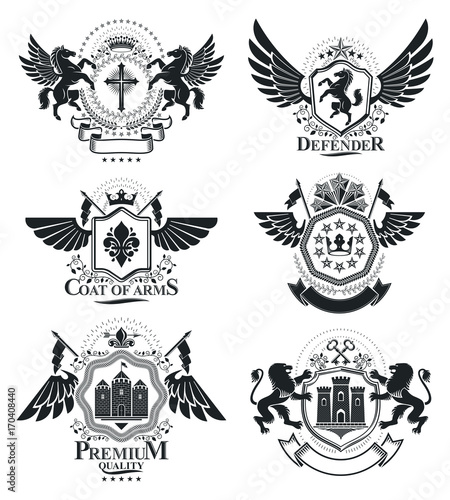 Luxury heraldic vectors emblem templates. Vector blazons. Classy high quality symbolic illustrations collection.