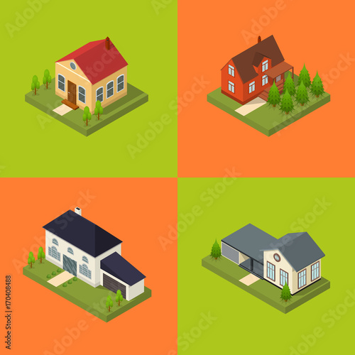 Residential Building for City and Village Poster Card Set Isometric View. Vector
