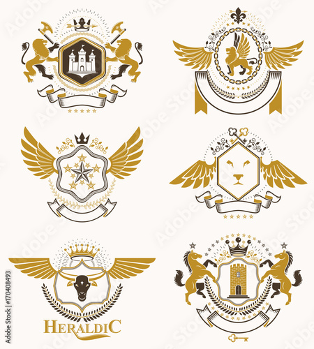 Heraldic Coat of Arms created with vintage vector elements  bird wings  animals  towers  crowns and stars. Classy symbolic emblems collection  vector set.