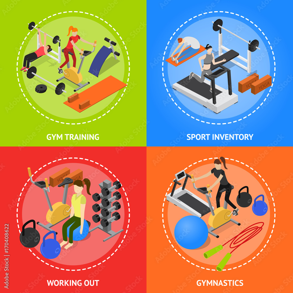 Interior Gym with Exercise and Gymnastic Equipment Poster Card Set Isometric View. Vector