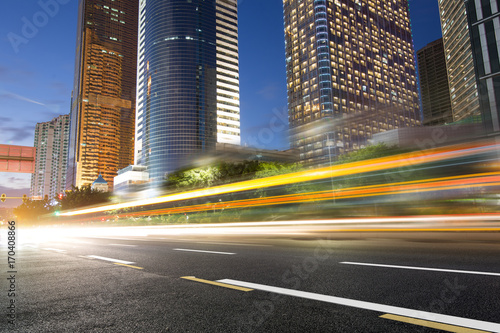 the light trails on the modern building background in shanghai china.