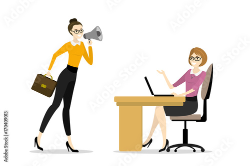 Business woman boss screams into a megaphone by a tired office worker woman,Business stress