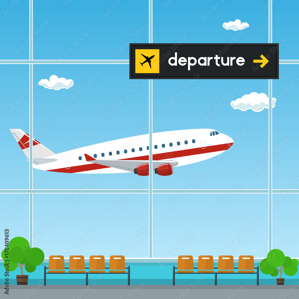 Waiting Room at the Airport , View of a Flying Airplane through the Window from a Waiting Room , Scoreboard Departures from Airport, Travel Concept, Flat Design, Vector Illustration
