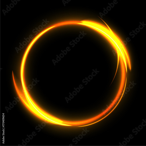 Fire circle on black background. Fire ring glowing trace. Vector fire gold circle. 