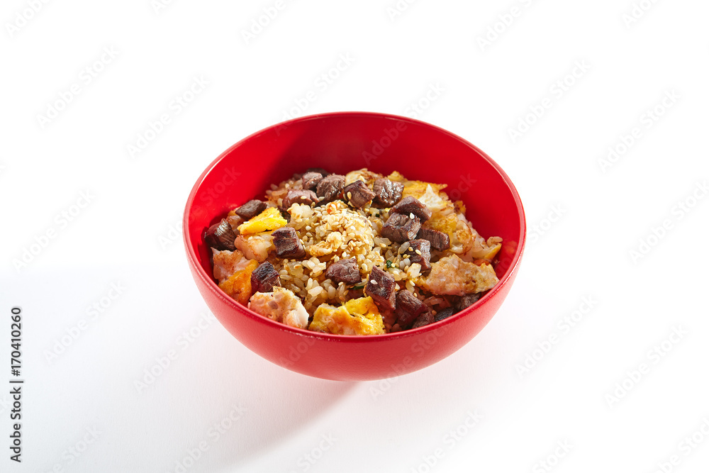 Special dishes of Pan-Asian cuisine in red plate