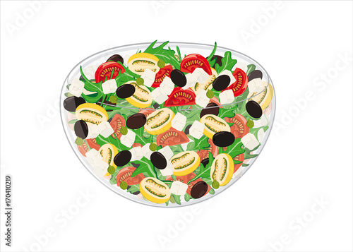 mixed salad with yellow and red tomatoes, olives, rocket and cheese capers