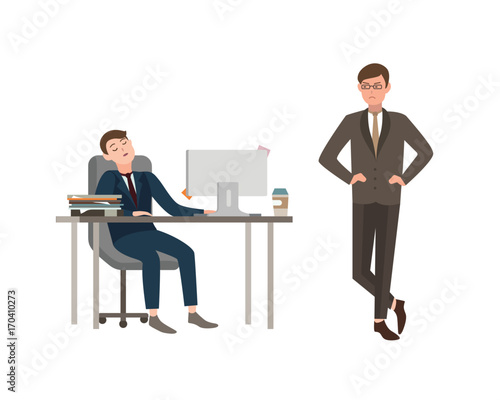 Office worker dressed in business suit sits at desk with computer and sleeps, his boss angrily looks at him