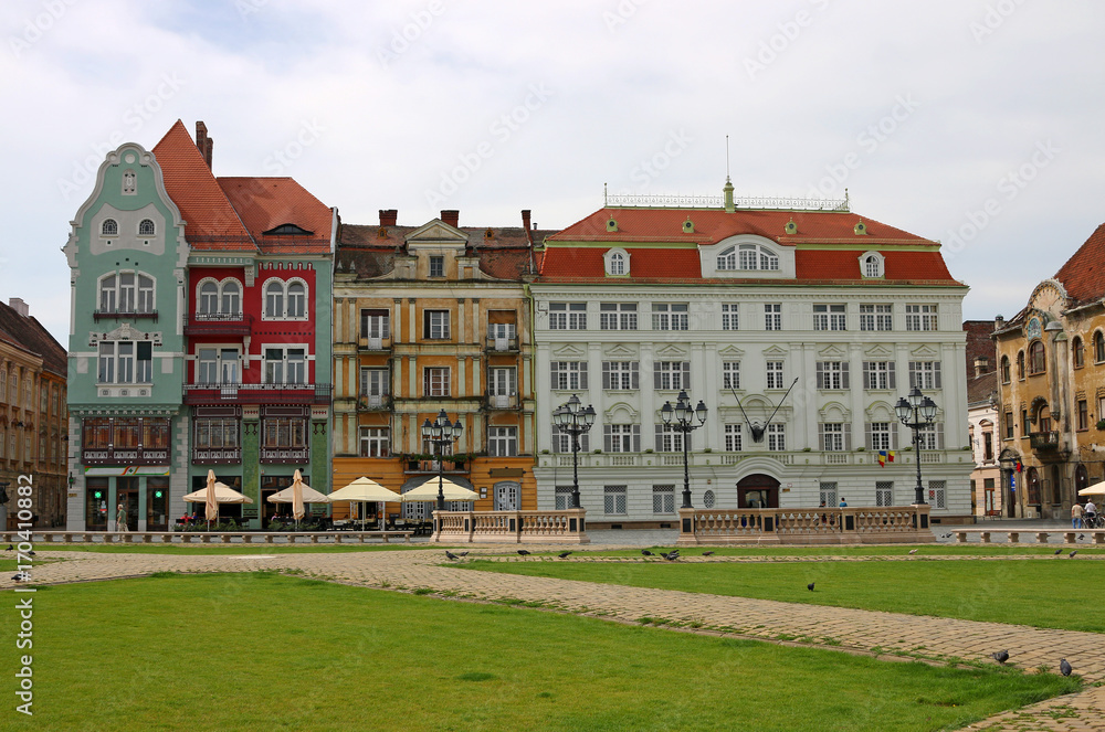 Fototapeta premium Union square with old colorful buildings Timisoara Romania