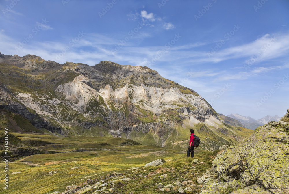 Hiker in the Circus of Troumouse - Pyrenees Mountains