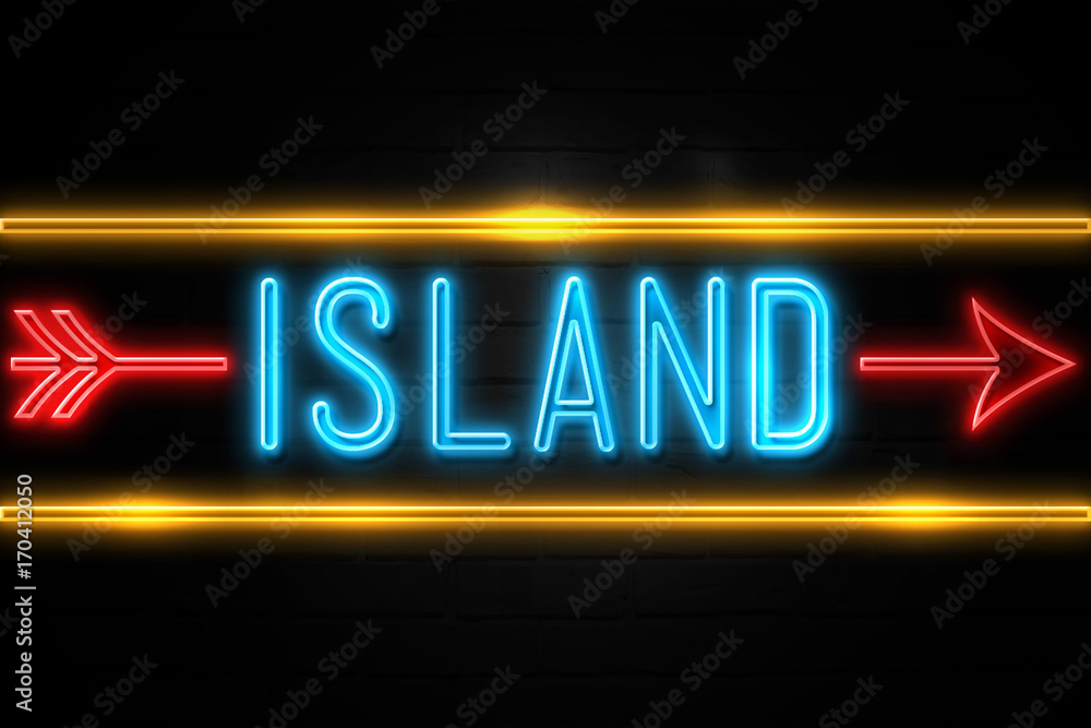 Island  - fluorescent Neon Sign on brickwall Front view