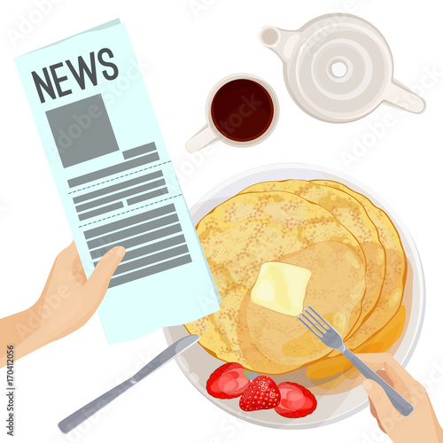 Breakfast table top angled view isolated illustration on white