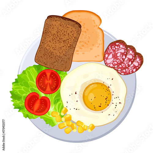 Traditional breakfast on plate isolated illustration on white