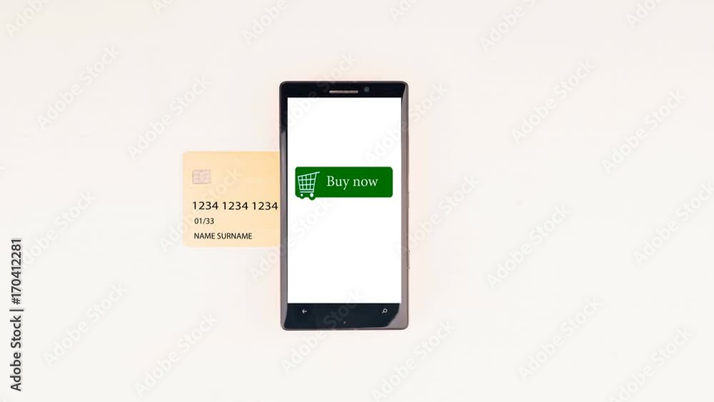 Shopping online with credit card. Young woman Click the button on mobile phone screen and buy necklace in pink gift bag. HD stop motion Shopping online with credit card. Young woman Click the button on mobile phone screen and buy necklace in pink gift bag. HD stop motion
