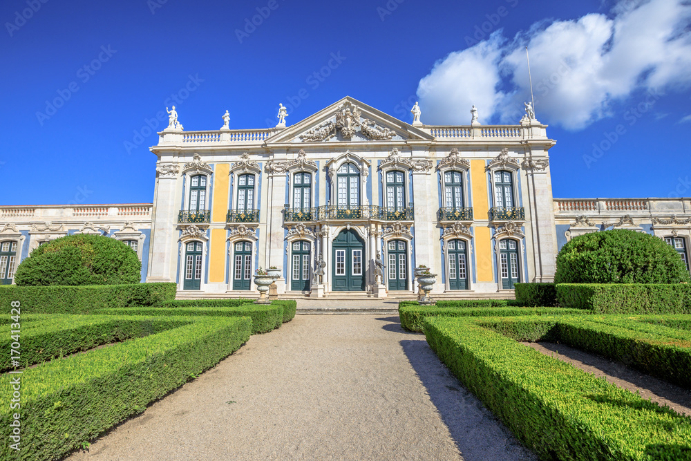 Spectacular facade of Queluz National Palace or Palacio Real de Queluz in Sintra, Lisbon district, Portugal. The Royal Palace of Queluz was the summer residence of the Portuguese royal family.