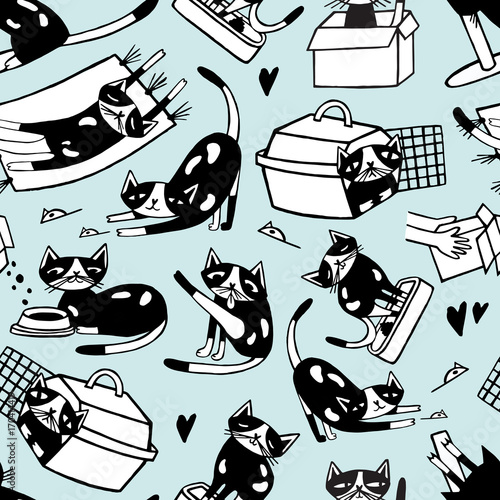 Seamless pattern with funny doodle cat in different postures against light bl...