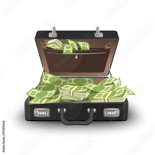 Suitcase staffed by dollar banknotes, leather case with cash