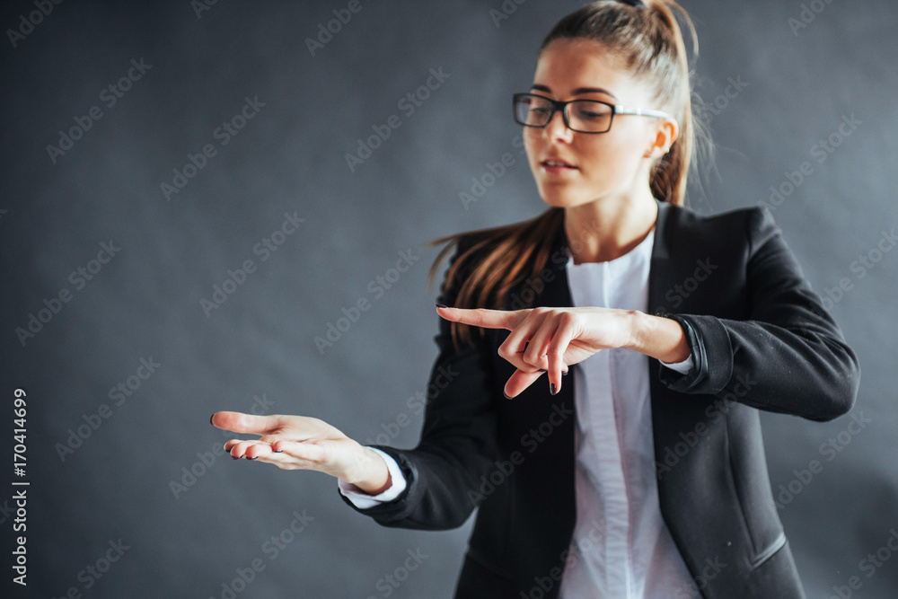 woman showing open hand palm with copy space for product or text woman showing open hand palm with copy space for product or text
