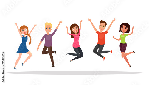 Happy group of people, boy, girl jumping on a white background. The concept of friendship, healthy lifestyle, success. Vector illustration in a flat and cartoon style © Svetlana