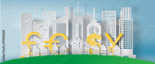Paper art of cityscape and lanscape with business finance concept,white,vector,illustration