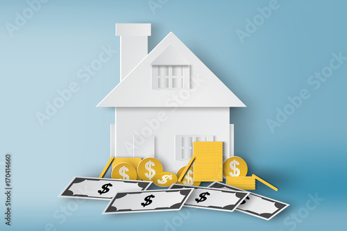 Paper art of home with pile of money and real estate symbol,bill growth banner,vector