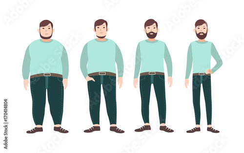 Visualization of weight loss stages of male cartoon character, from fat to slim. Concept of body changing through diet, healthy nutrition and sports. Vector illustration.