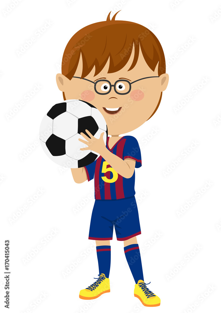 Little boy in uniform holding soccer ball isolated