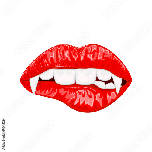 Red female lips with vampire fangs