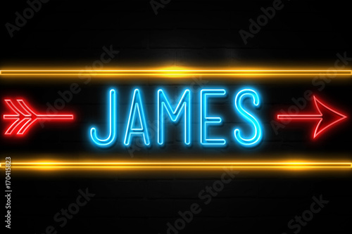 James - fluorescent Neon Sign on brickwall Front view