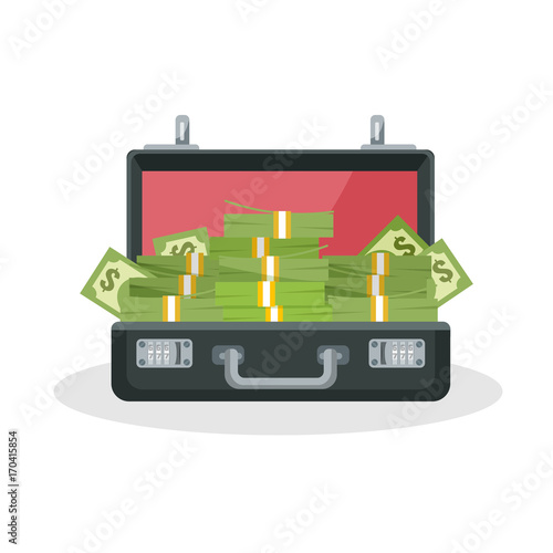 Opened briefcase with pile of cash 3d illustration