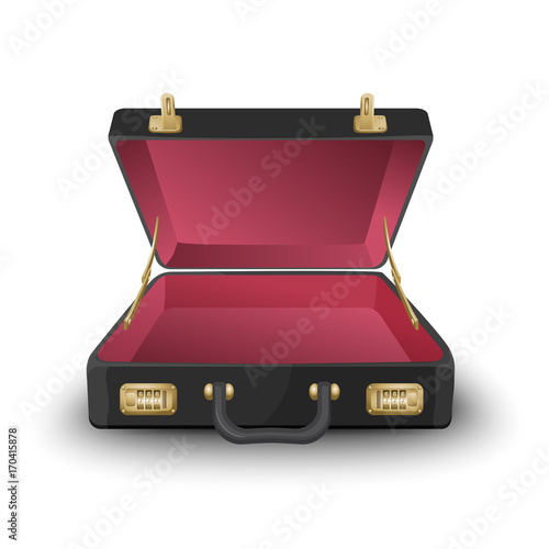 Opened black and red briefcase isolated on white background