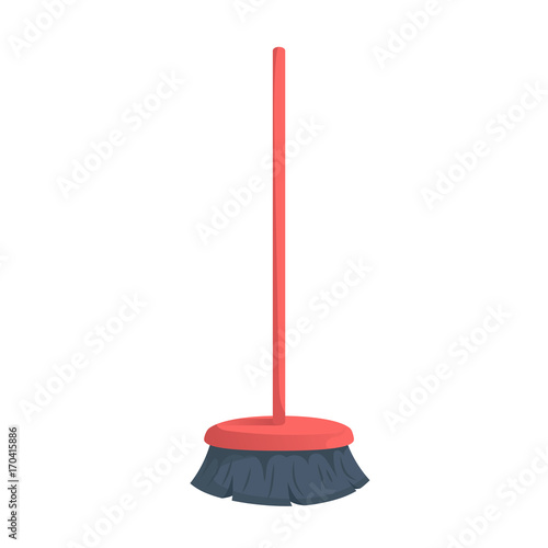 Cartoon trendy red plastic bristle broom with stick icon. Hygiene and home cleaning vector illustration.
