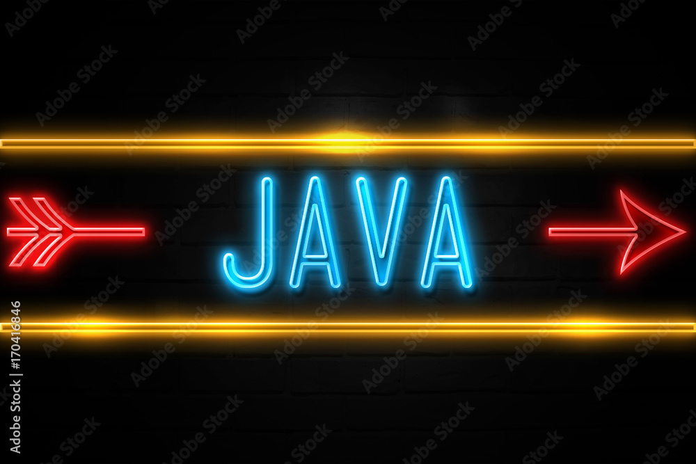 Java - fluorescent Neon Sign on brickwall Front view Java - fluorescent Neon Sign on brickwall Front view