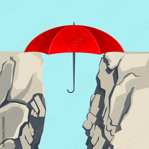Umbrella hanging on edges of abyss isolated illustration