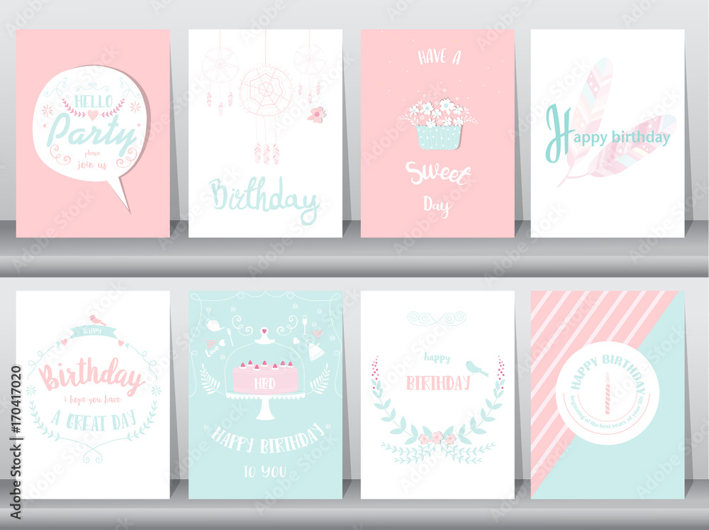 Set of birthday cards,poster,template,greeting cards,sweet,balloons,cake,feather,Vector illustrations