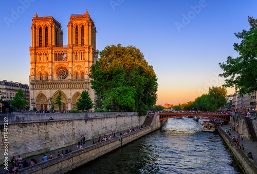 Sunset view of Cathedral Notre Dame de Paris in Paris, France