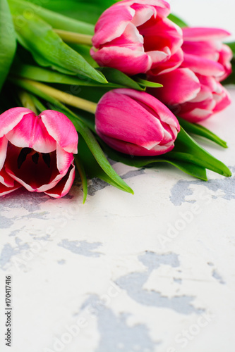 Pink tulips on white table. Mothers day concept. Space for text