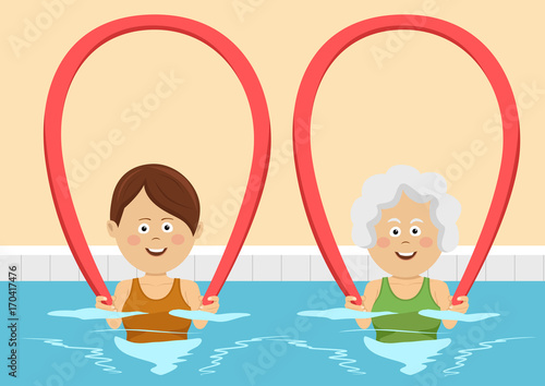 Young and elderly women using pool noodles in swimming pool