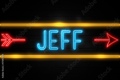 Jeff  - fluorescent Neon Sign on brickwall Front view photo