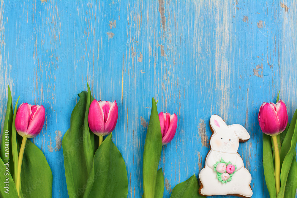 Pink tulips and easter bunny cookie on blue wooden background. Spring or easter concept. Space for text