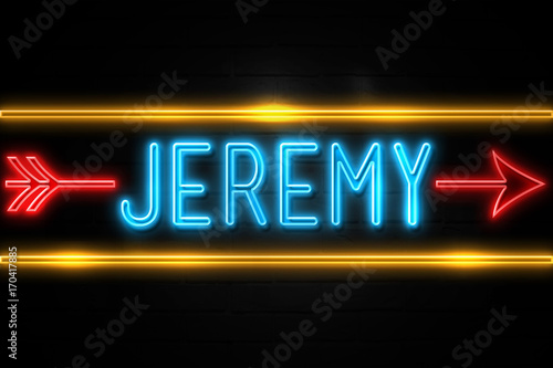 Jeremy  - fluorescent Neon Sign on brickwall Front view photo