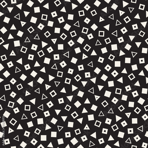 Seamless primitive jumble minimalism patterns. Randomly scattered geometric shapes. Abstract background design