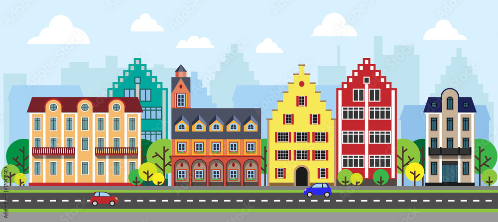 Urban landscape with retro historical buildings and suburb with private houses on a modern  town background. Street, highway with cars. Concept city and suburban new life.