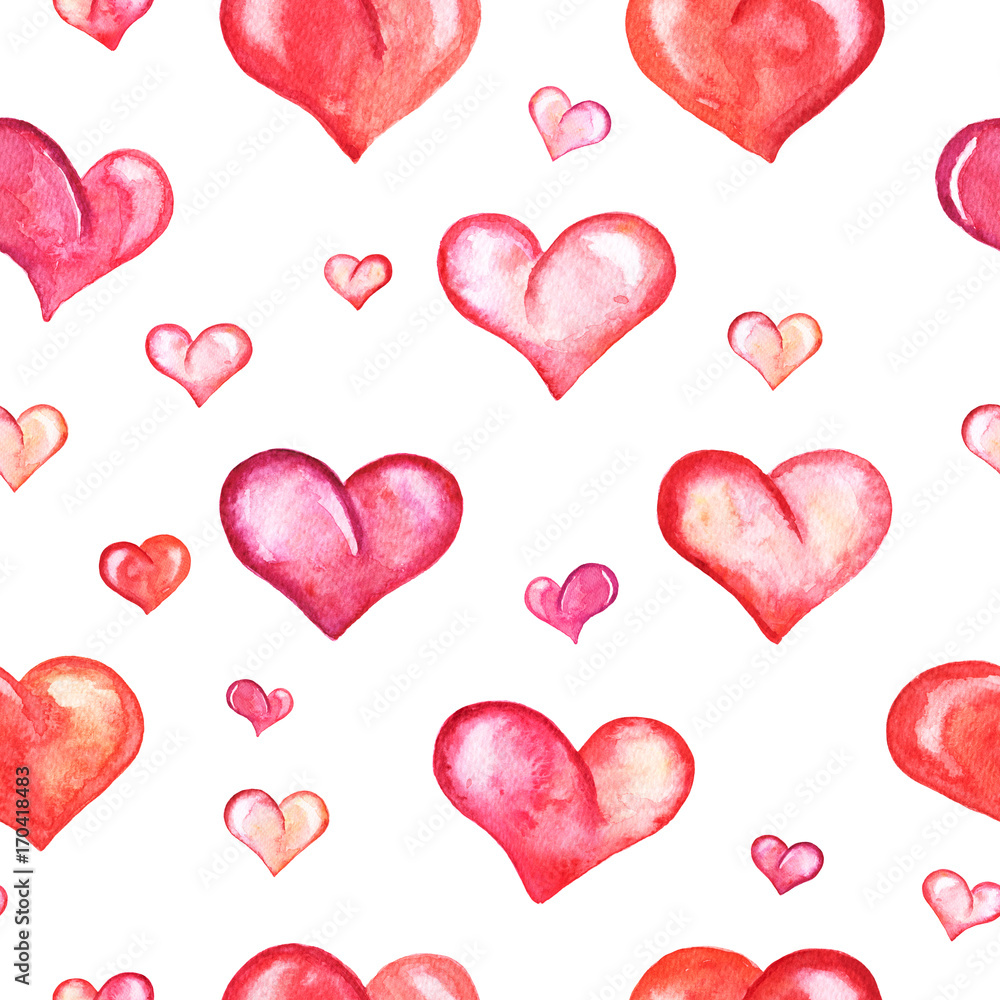 Seamless pattern with watercolor hearts on white