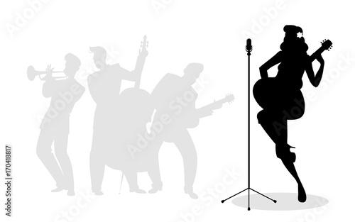 Retro singer woman guitarist silhouette with musicians in the background