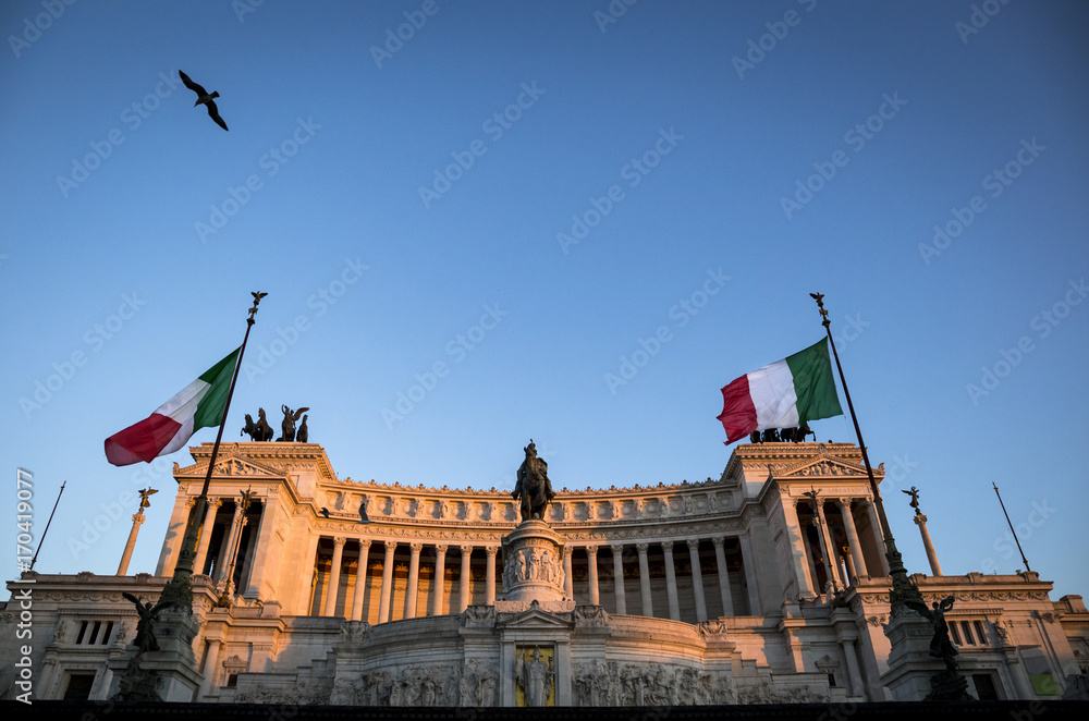Monument of Victor Emmanuel: Altare della Patria, Monumento Nazionale a Vittorio Emanuele II, Vittoriano on the sunset in Rome, Italy